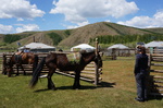 Gesatteltes Pferd vor Jurten unter blauem mongolischen Himmel