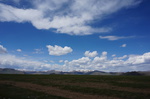 Traumhafte mongolische Kulisse: grüne Steppenlandschaft im Frühjahr mit Bergen am Horizont und endlos blauem Himmel mit weißen Schäfchen-Wolken